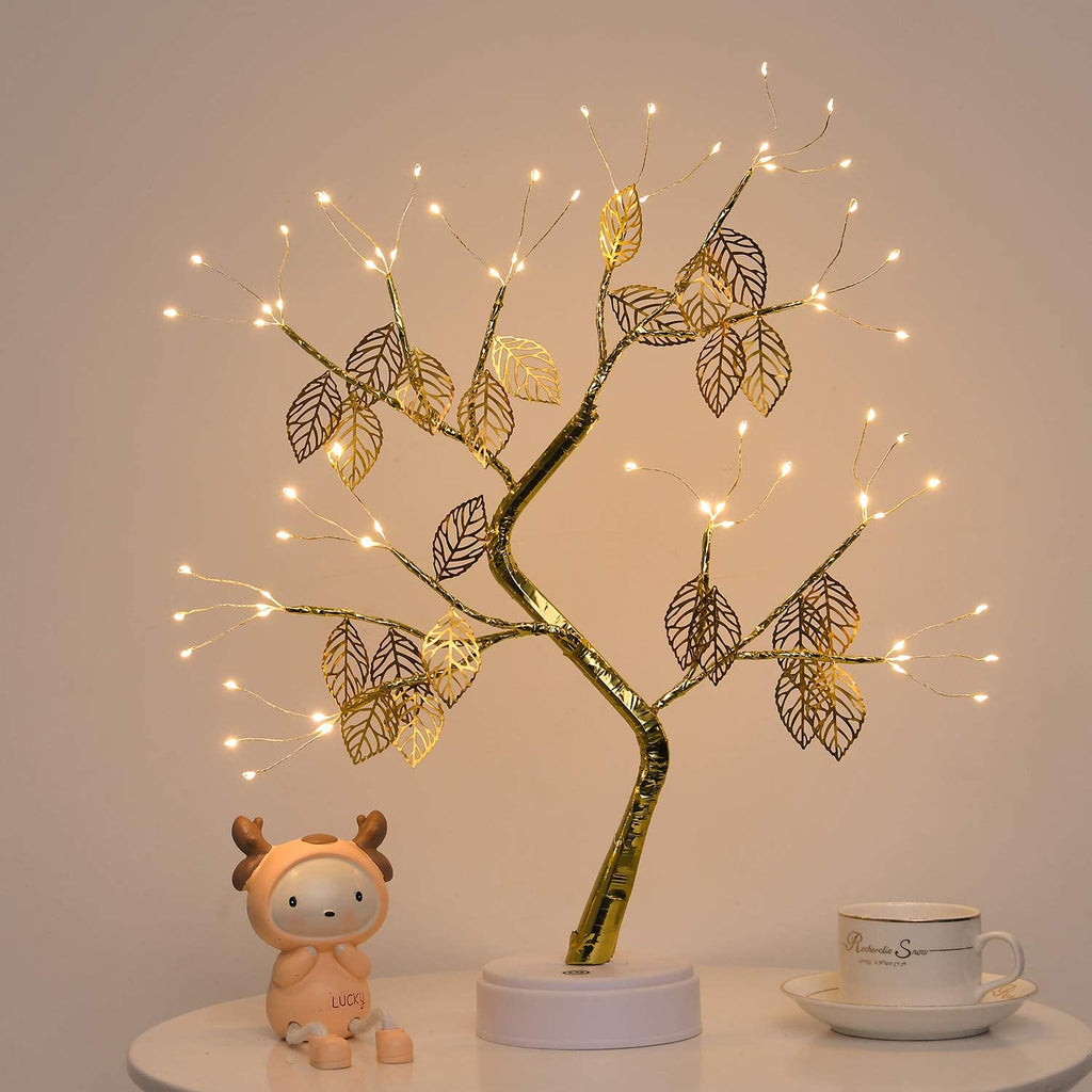Golden Fairy Lights Tree with Leaves