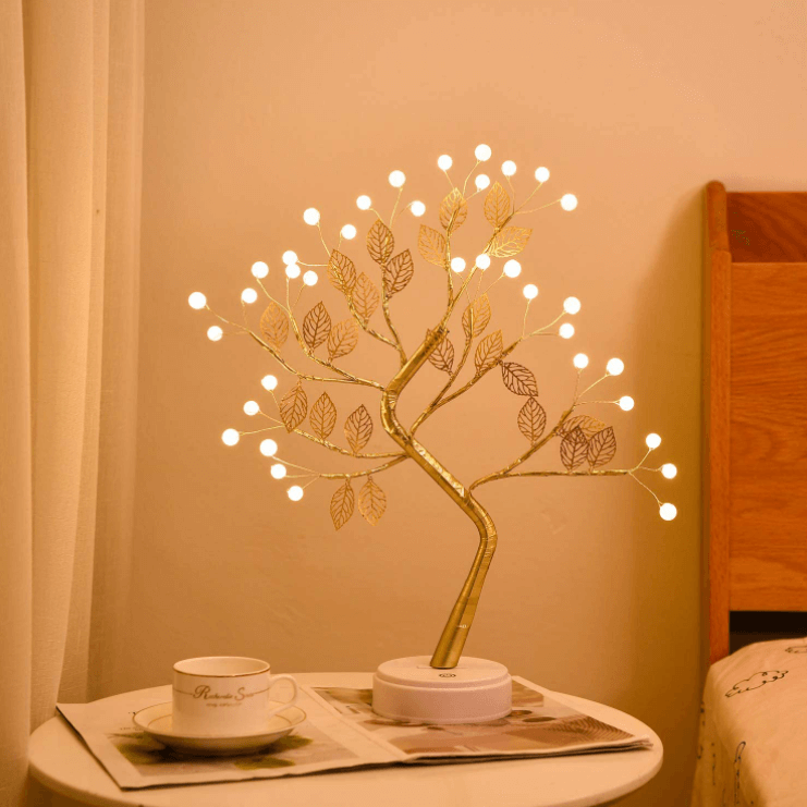 Golden Pearl Fairy Light Tree With Leaves